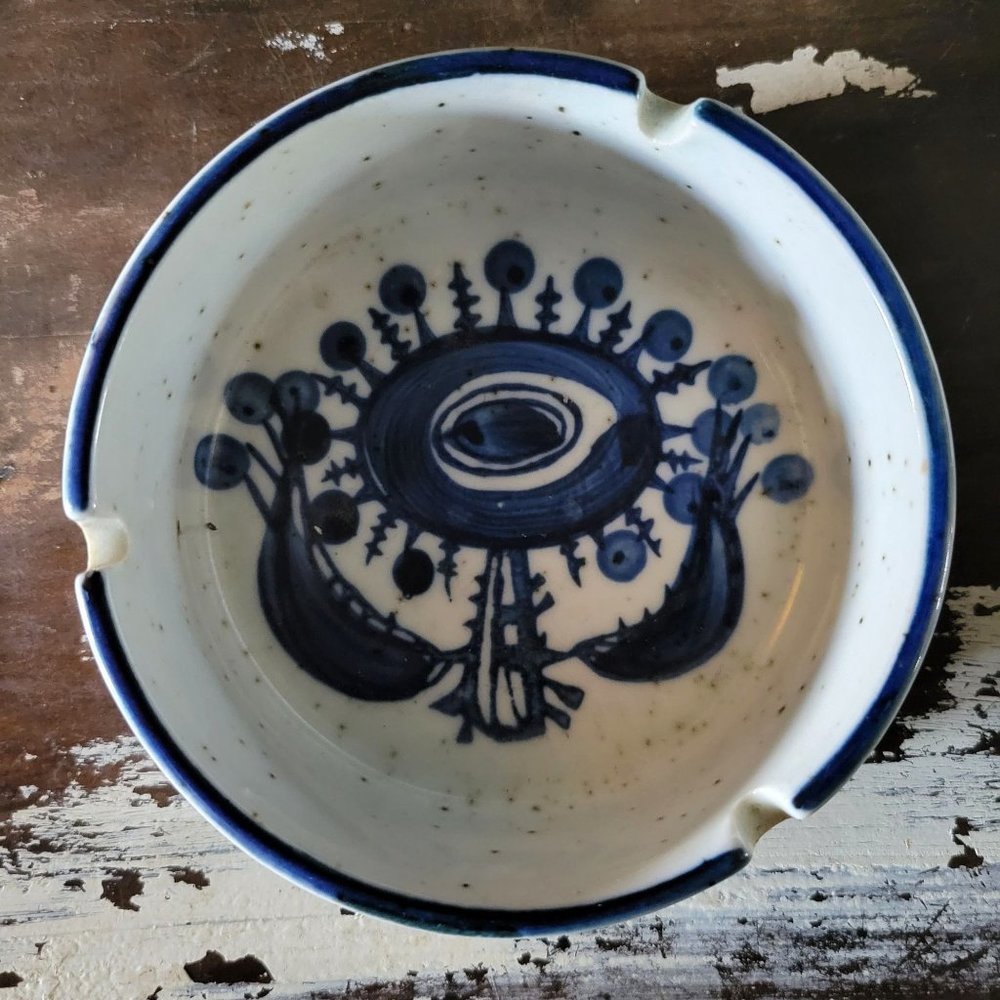 Vintage Ceramic Ashtray with Blue Flower, Boho Ashtray, Smudge Dish
